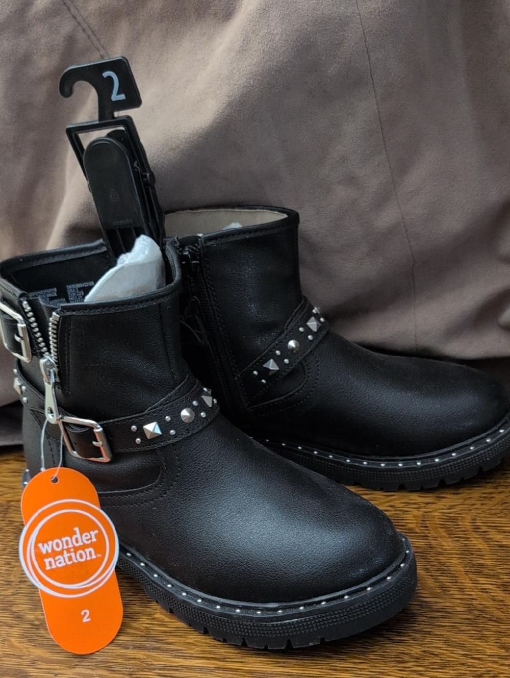 NWT Wonder Nation Black Studded Buckle Ankle Boots Sz 2 Girls